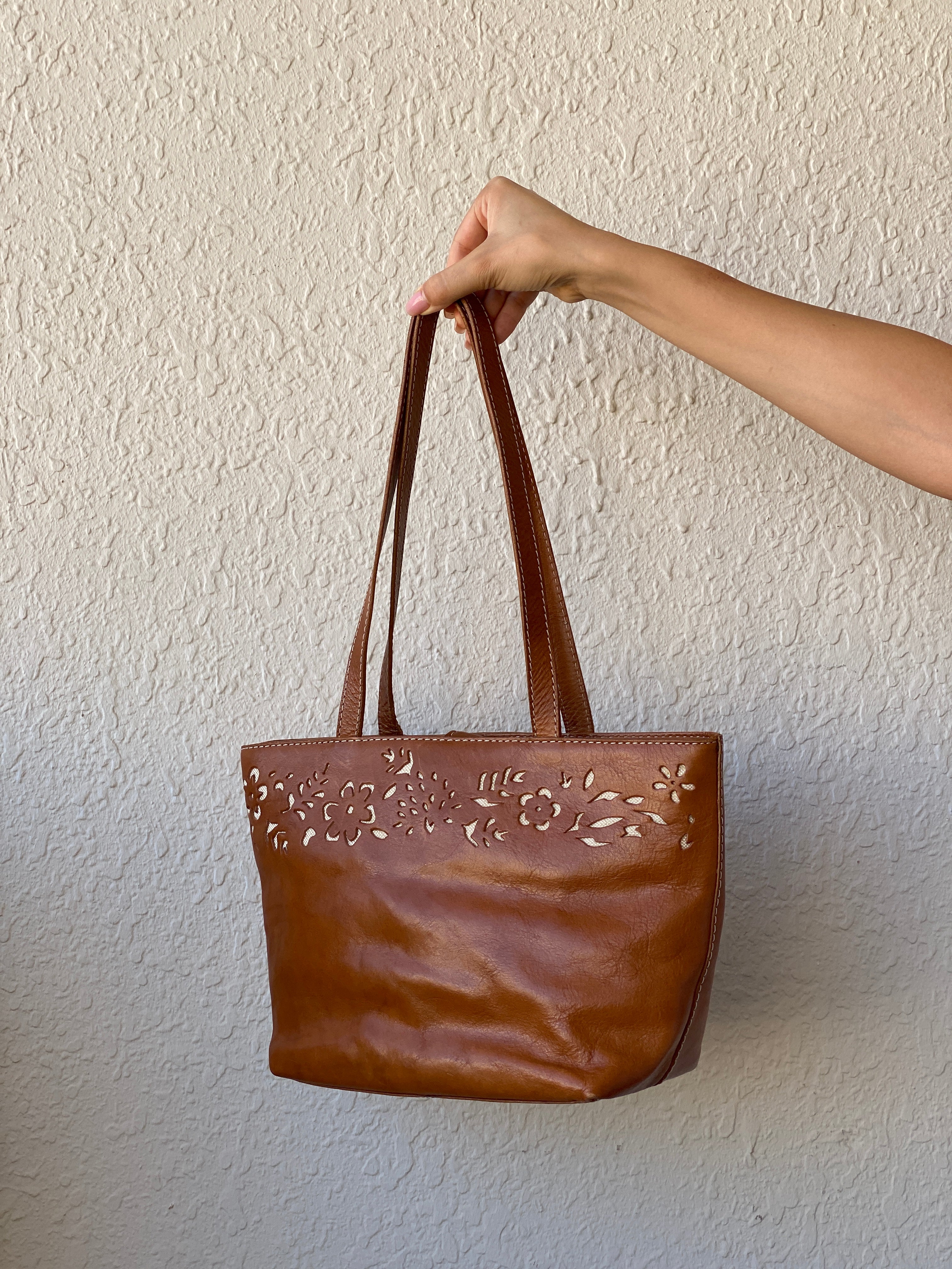 Genuine Leather Floral Perforated Design Shoulder Tote Bag