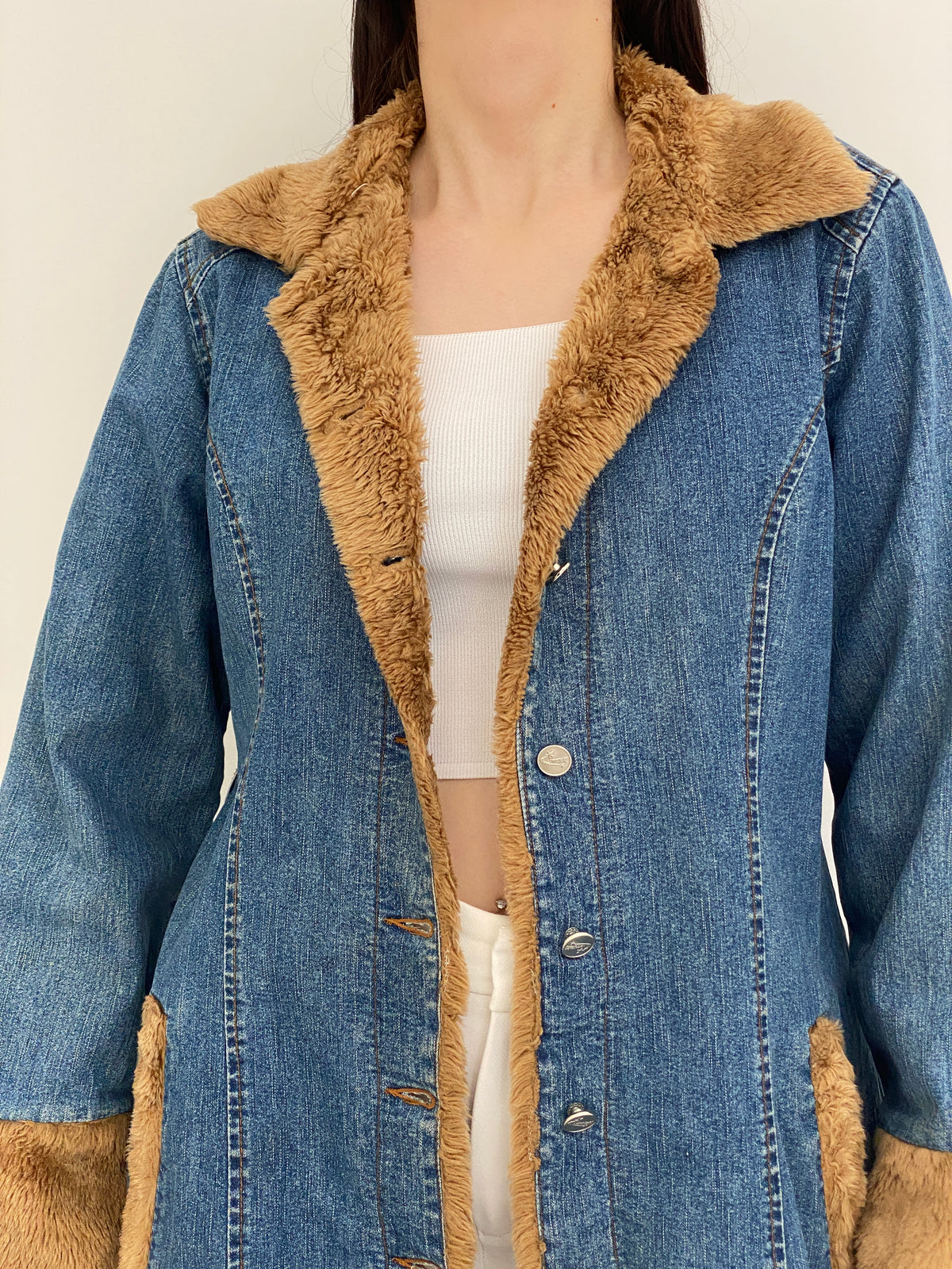 Y2K Luckystars Heavy Denim Coat with Brown Faux Fur Lining – L