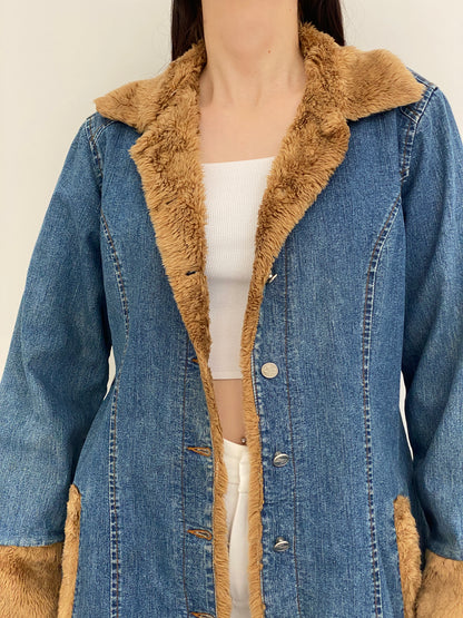 Y2K Luckystars Heavy Denim Coat with Brown Faux Fur Lining – L