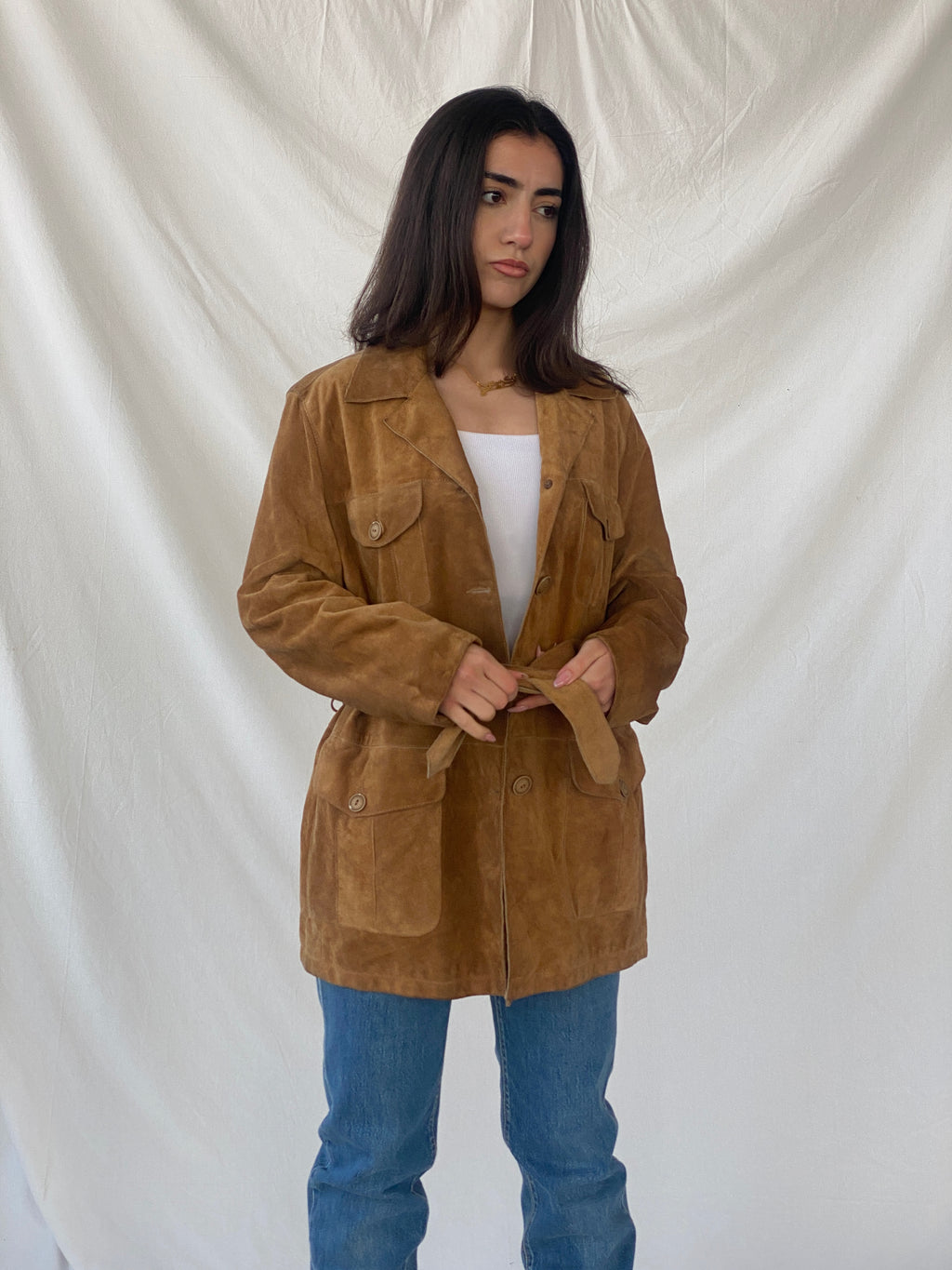 Vintage BELFE & BELFE Tan Genuine Suede Leather Buttoned Jacket - L