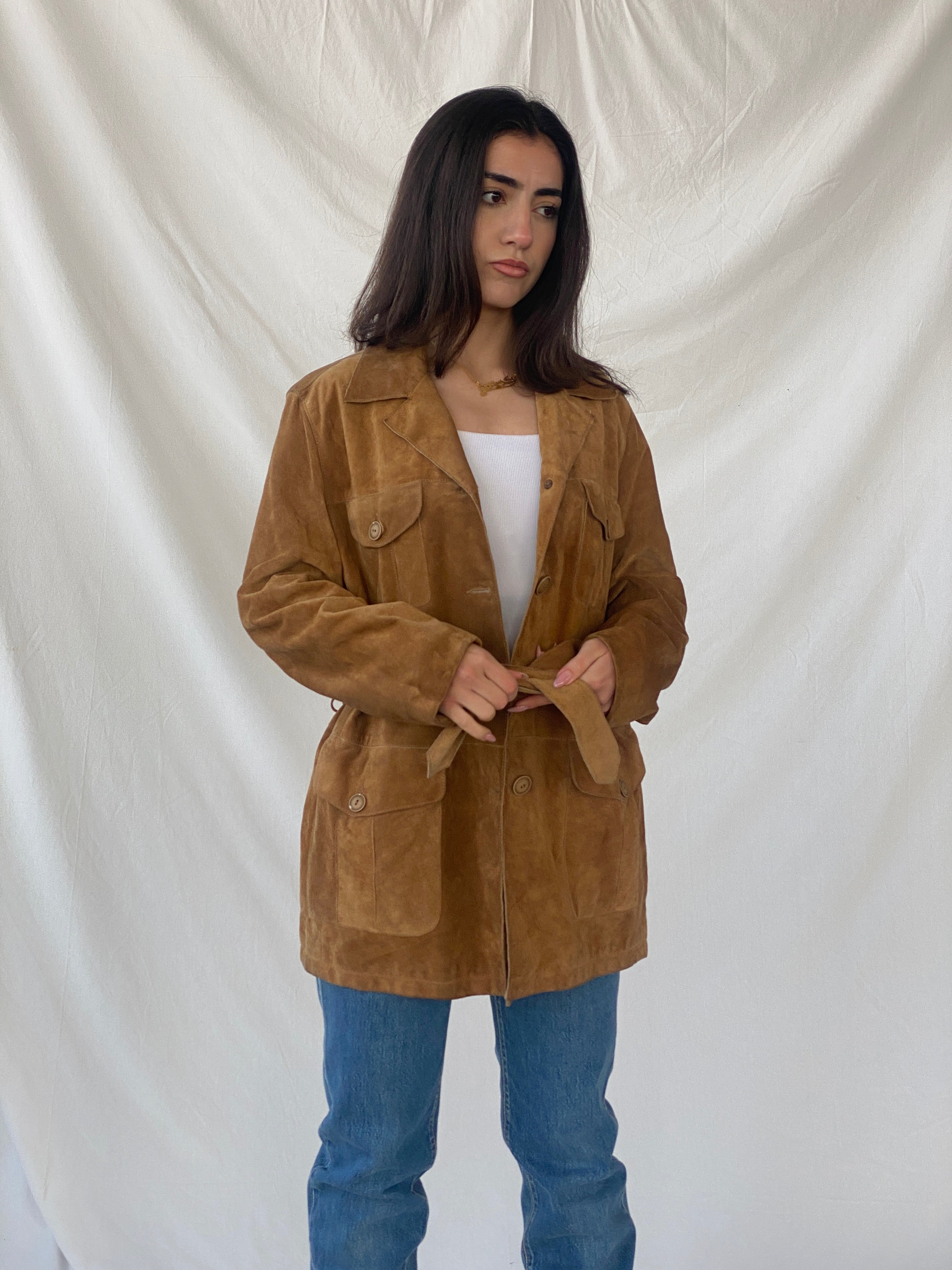 Vintage BELFE & BELFE Tan Genuine Suede Leather Buttoned Jacket - L
