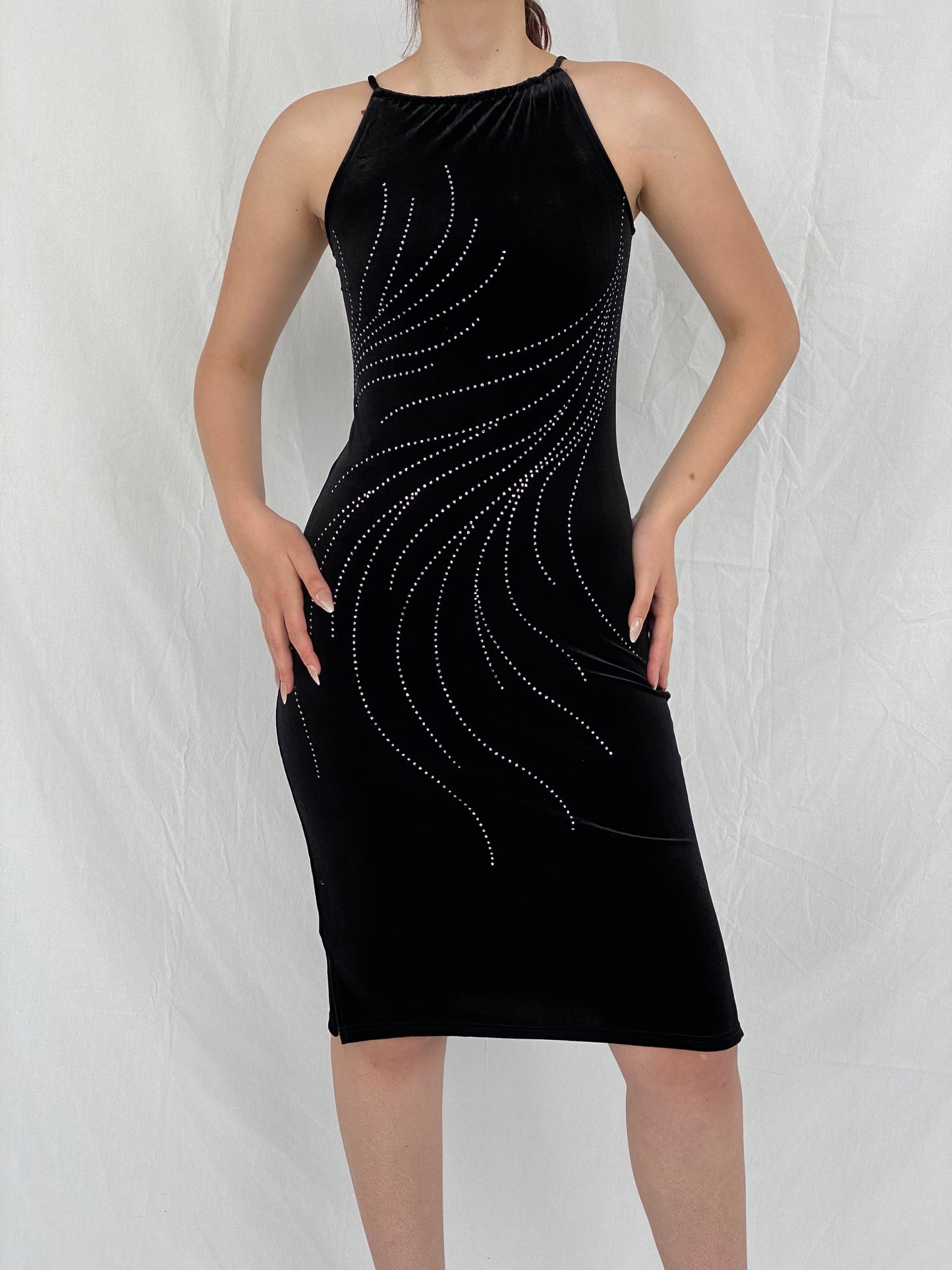 Vintage Limited Too Black Velvet Shimmery Midi Bodycon Dress - M