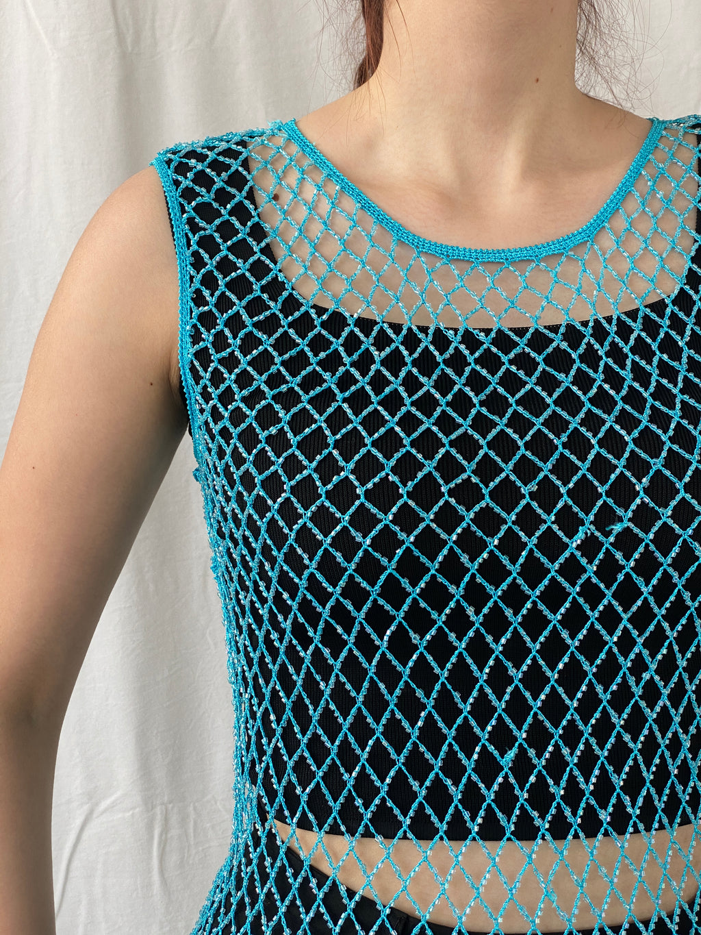 Vintage Y2K 2xtremz Women’s Net Beaded Crochet Blue Top - L