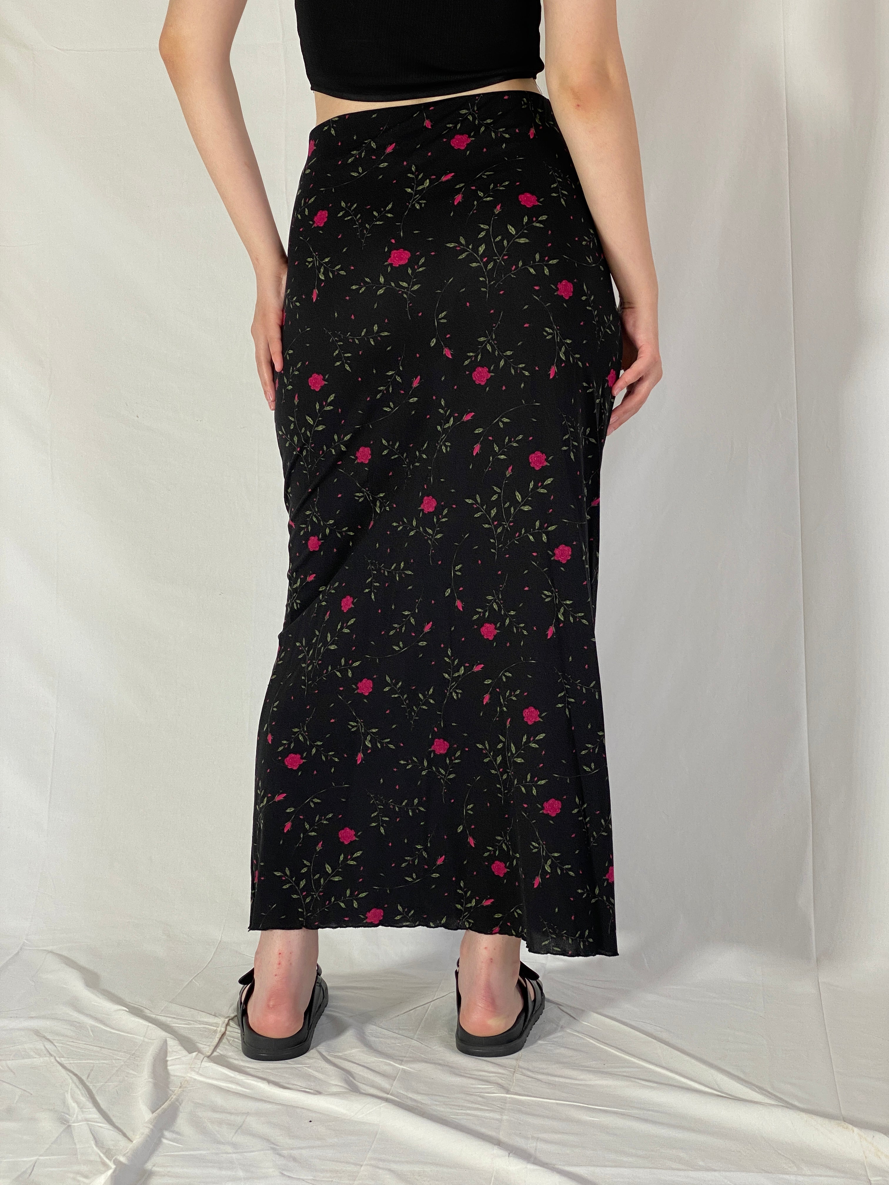 Vintage Y2K HENNES Collection Black Floral Maxi Skirt 90s/2000s Minimalist Everyday Skirt - M