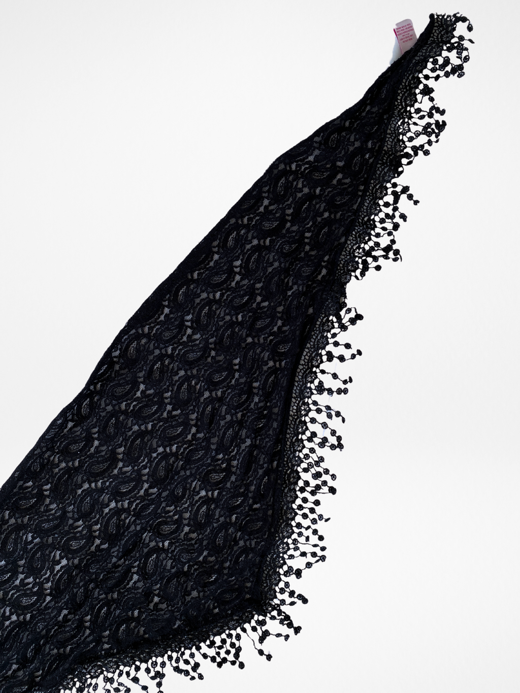 OIS Black Lace Triangle Scarf Sheer Fringed Evening Shawl / Headscarf