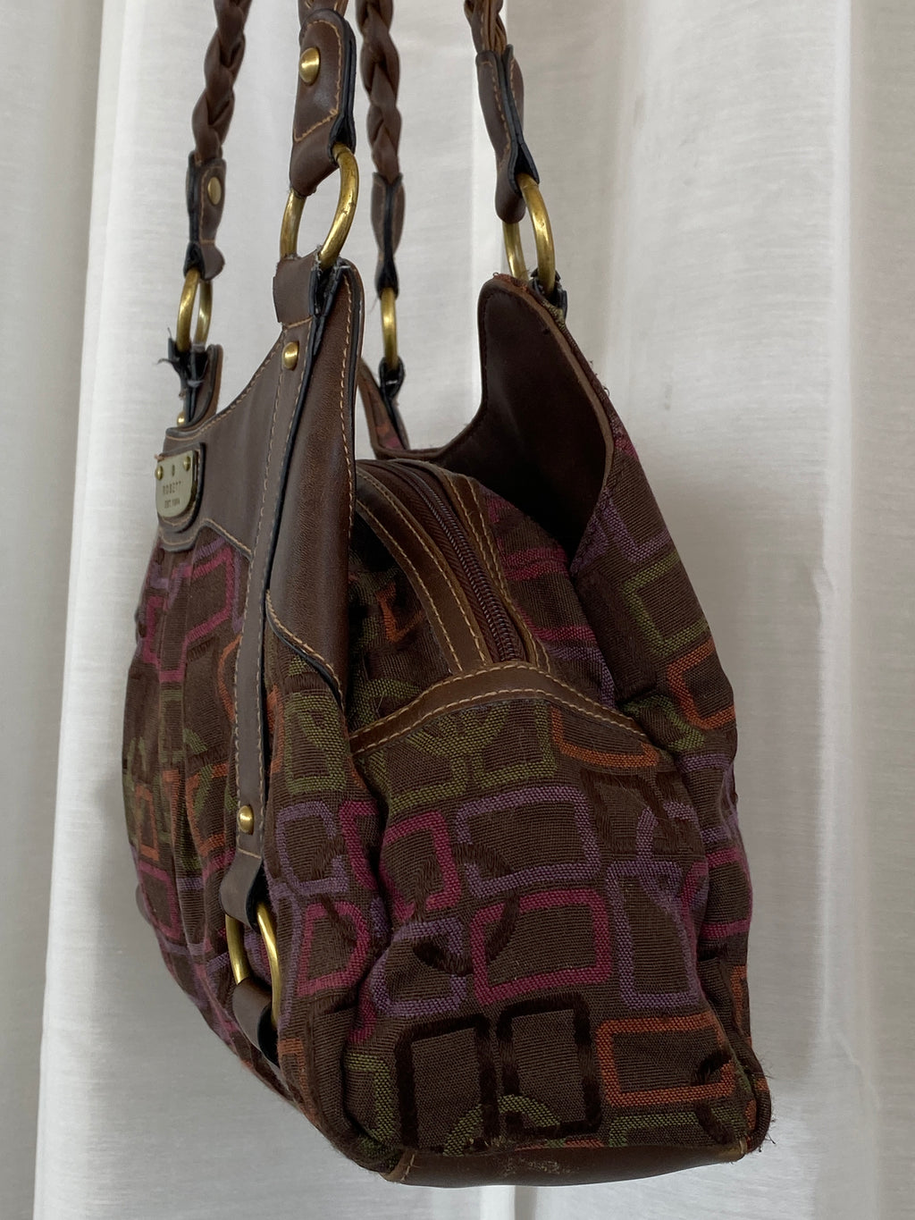 Y2K Rosetti Brown Multicolored Geometric Pattern Shoulder Bag With Braided Vinyl Handles