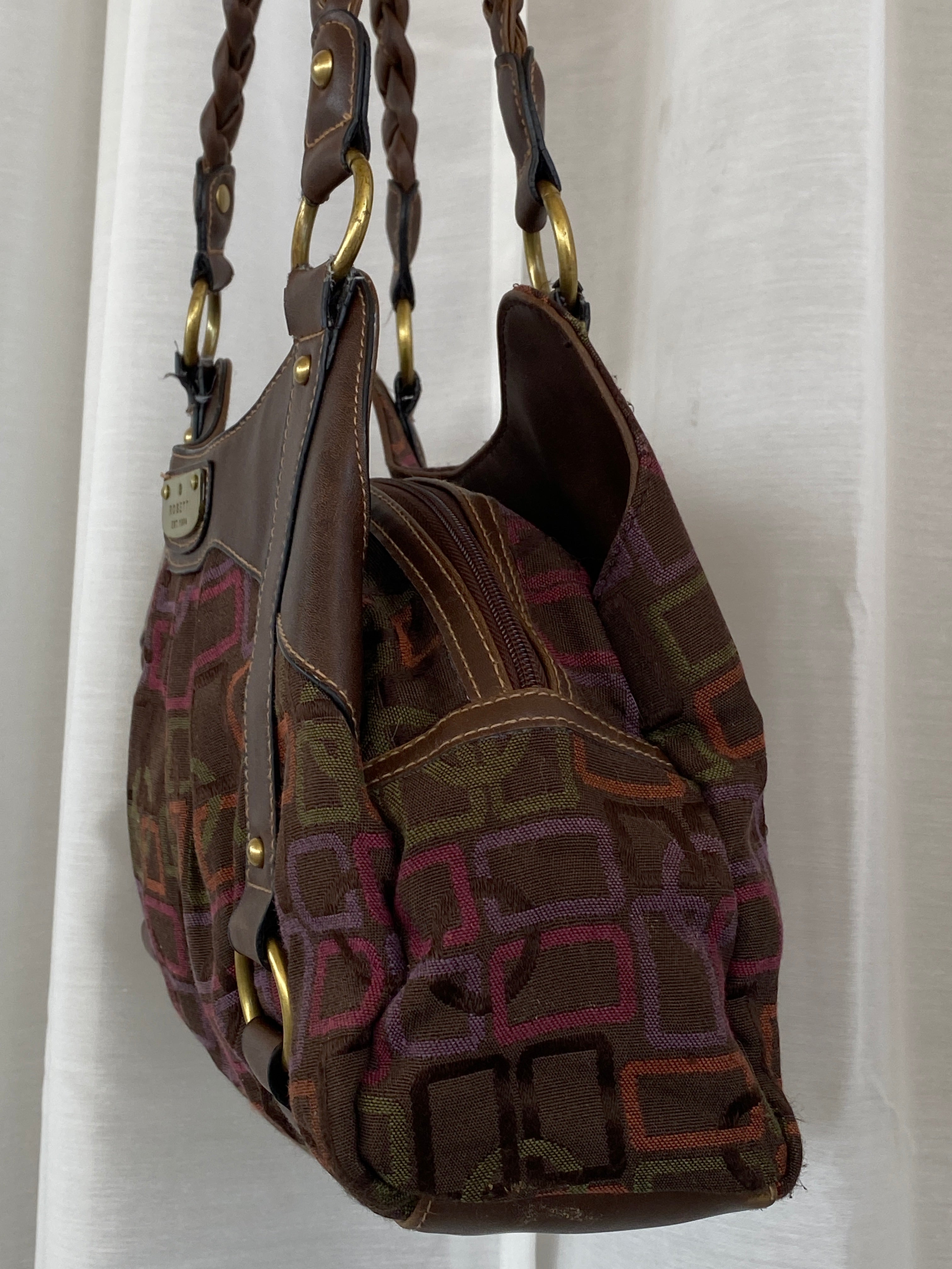 Y2K Rosetti Brown Multicolored Geometric Pattern Shoulder Bag With Braided Vinyl Handles