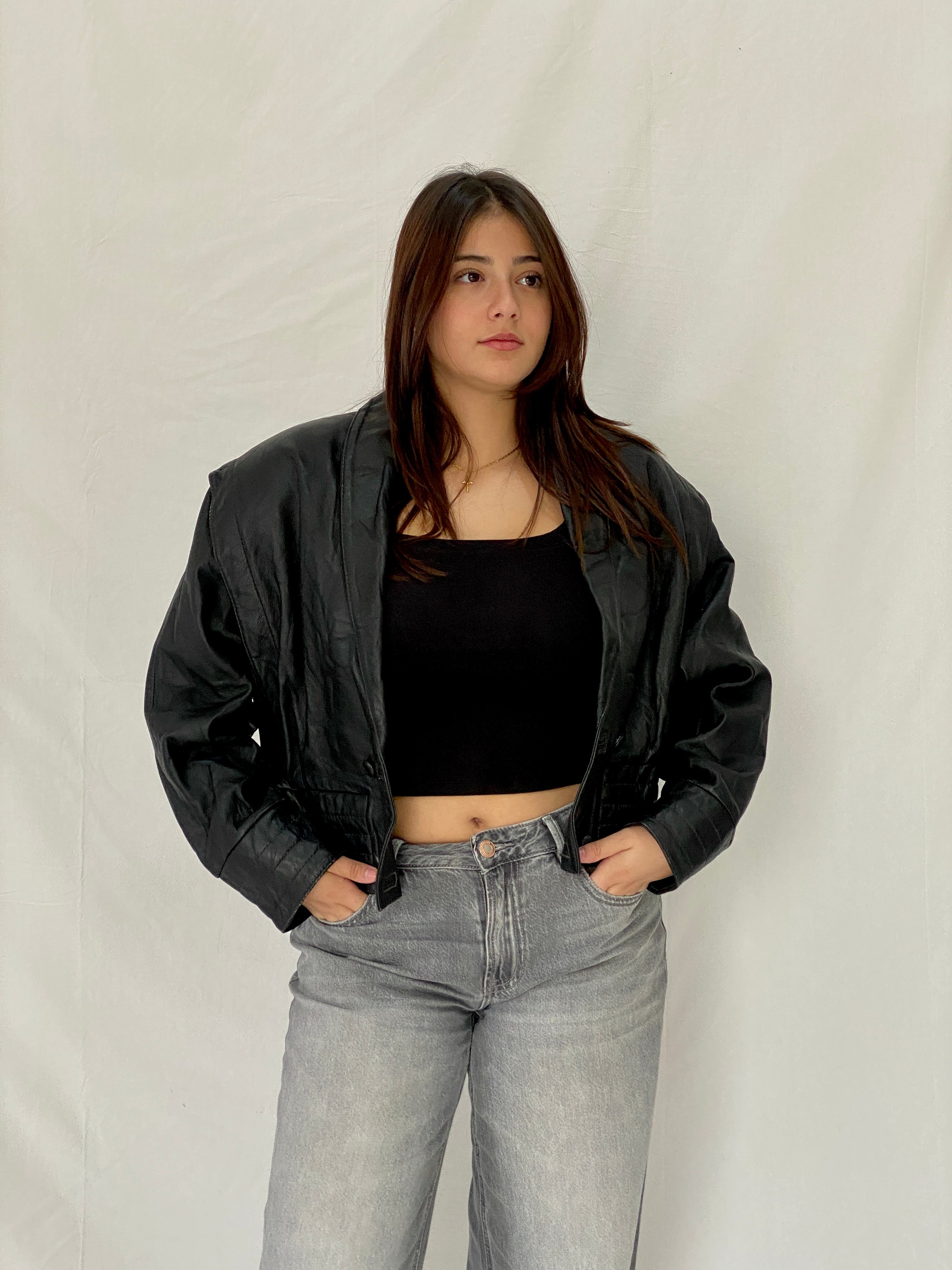 Vintage 80s Greek Kelesidi Leather Bomber Jacket Black Power Shoulder Blazer - M