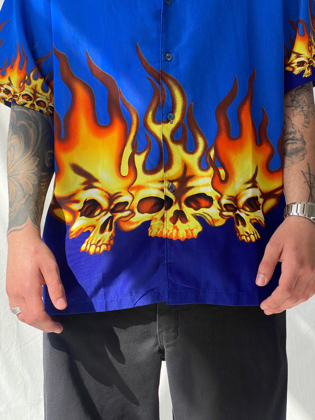 Men’s Flamed Skull Blue Short Sleeve Button Up Shirt - L