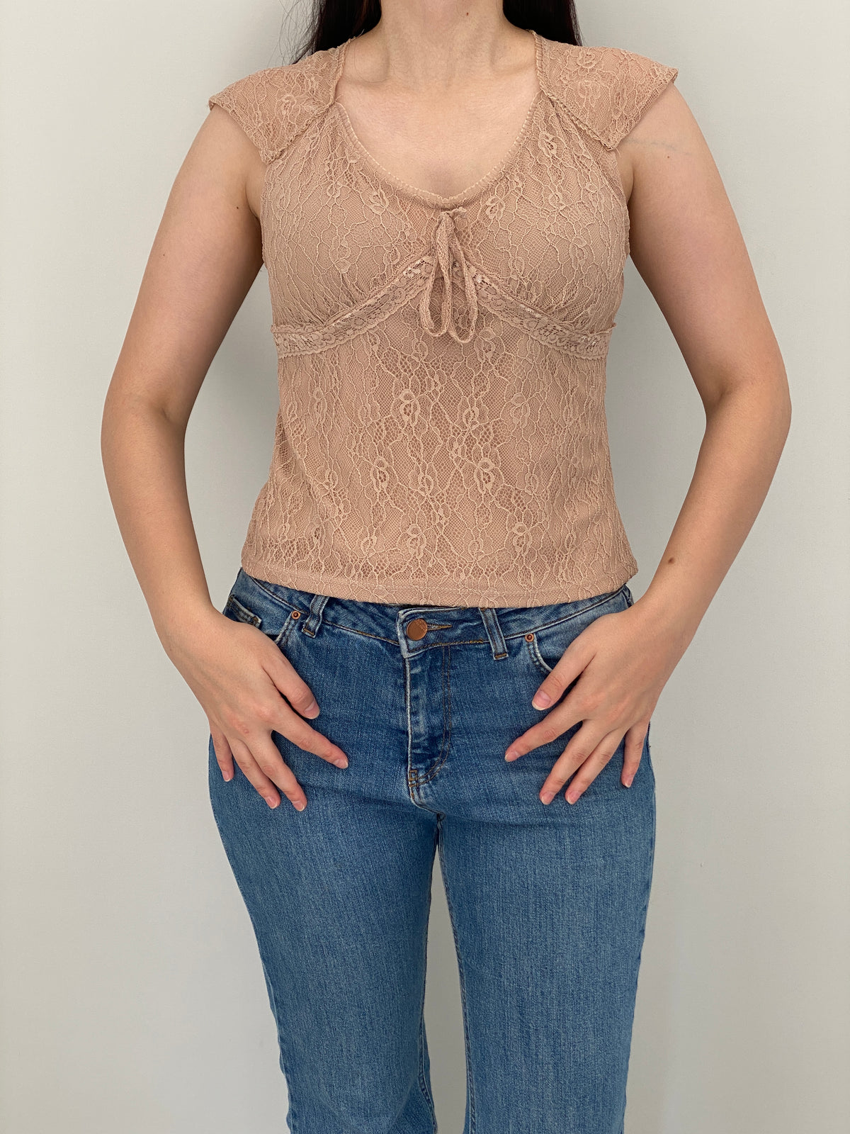 Y2K No Boundaries Nude Floral Lace Tie Front Babydoll Top – Fits S
