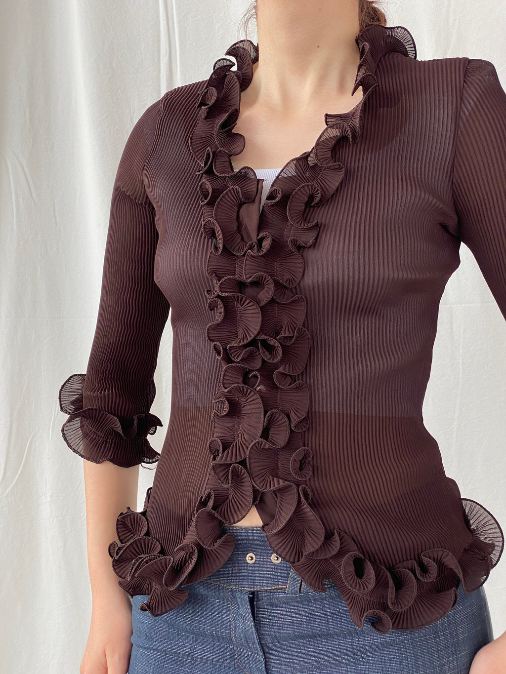 Y2K Fix Chung Ruffled Blouse Sheer Ribbed Brown Women’s Shirt - M