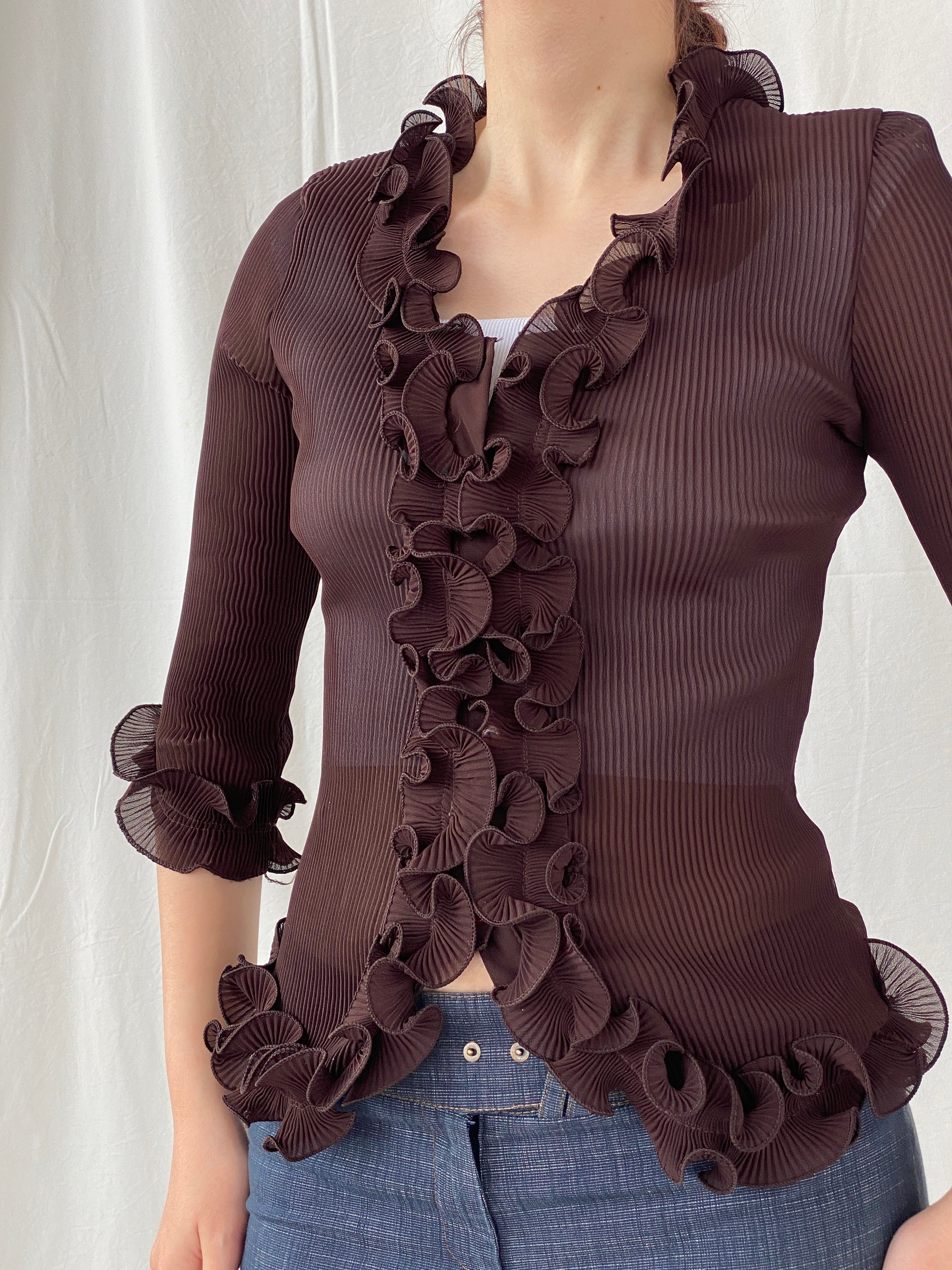 Y2K Fix Chung Ruffled Blouse Sheer Ribbed Brown Women’s Shirt - M