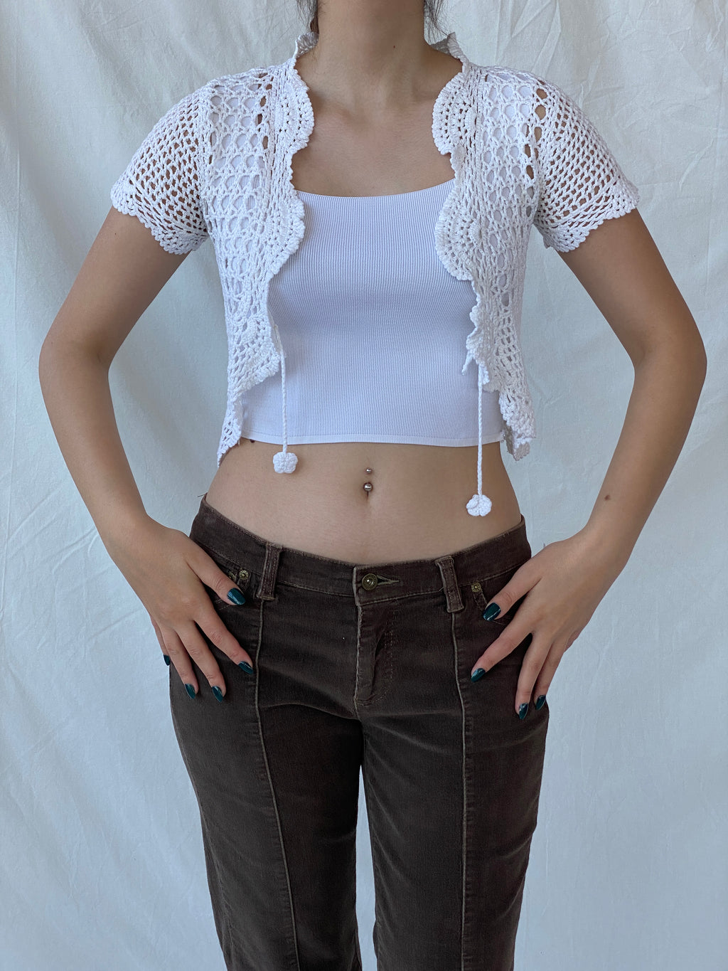 كارديجان كروشيه أبيض قصير من Y2K Ruby Girl للنساء - مقاس صغير