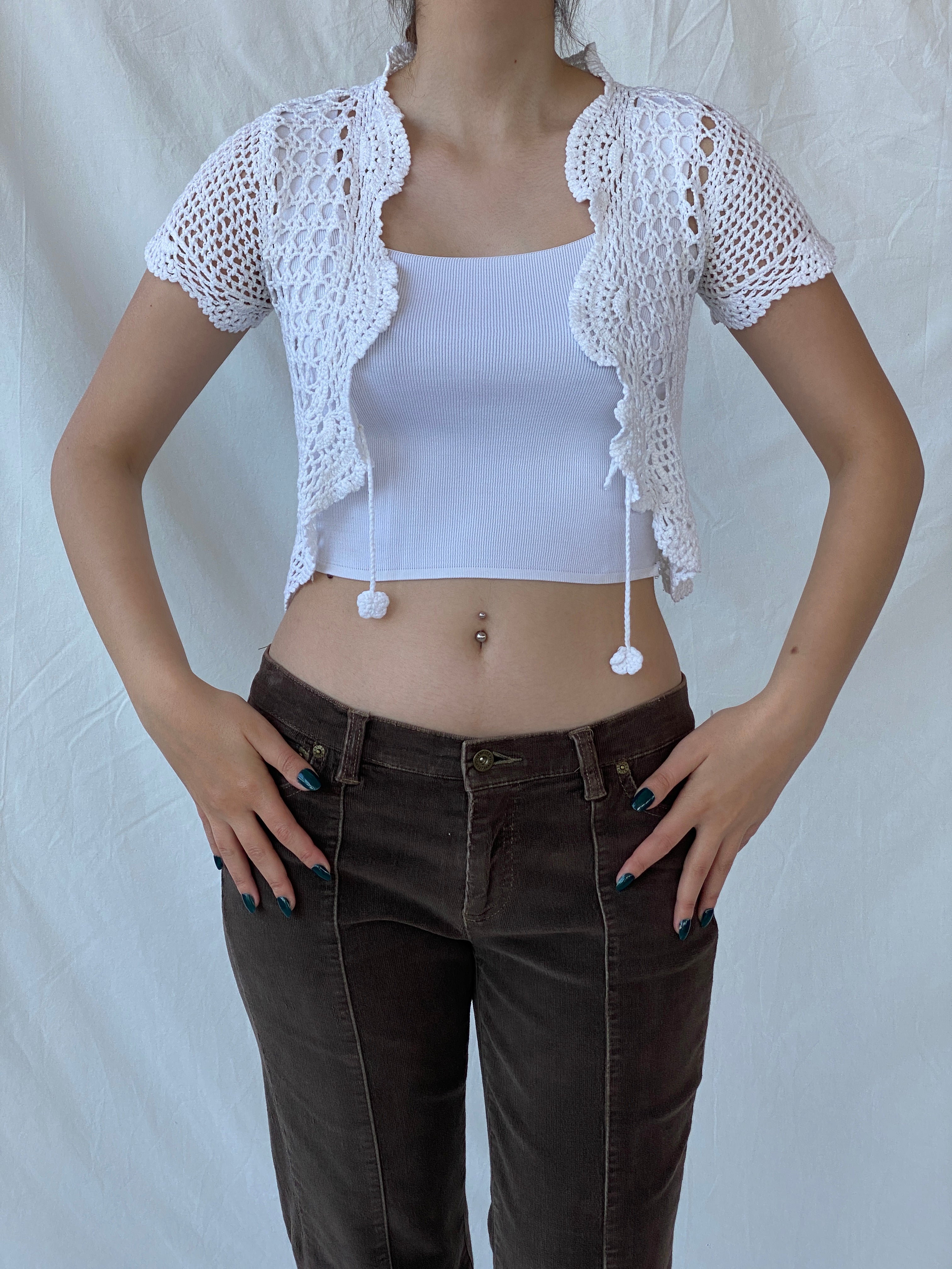 كارديجان كروشيه أبيض قصير من Y2K Ruby Girl للنساء - مقاس صغير