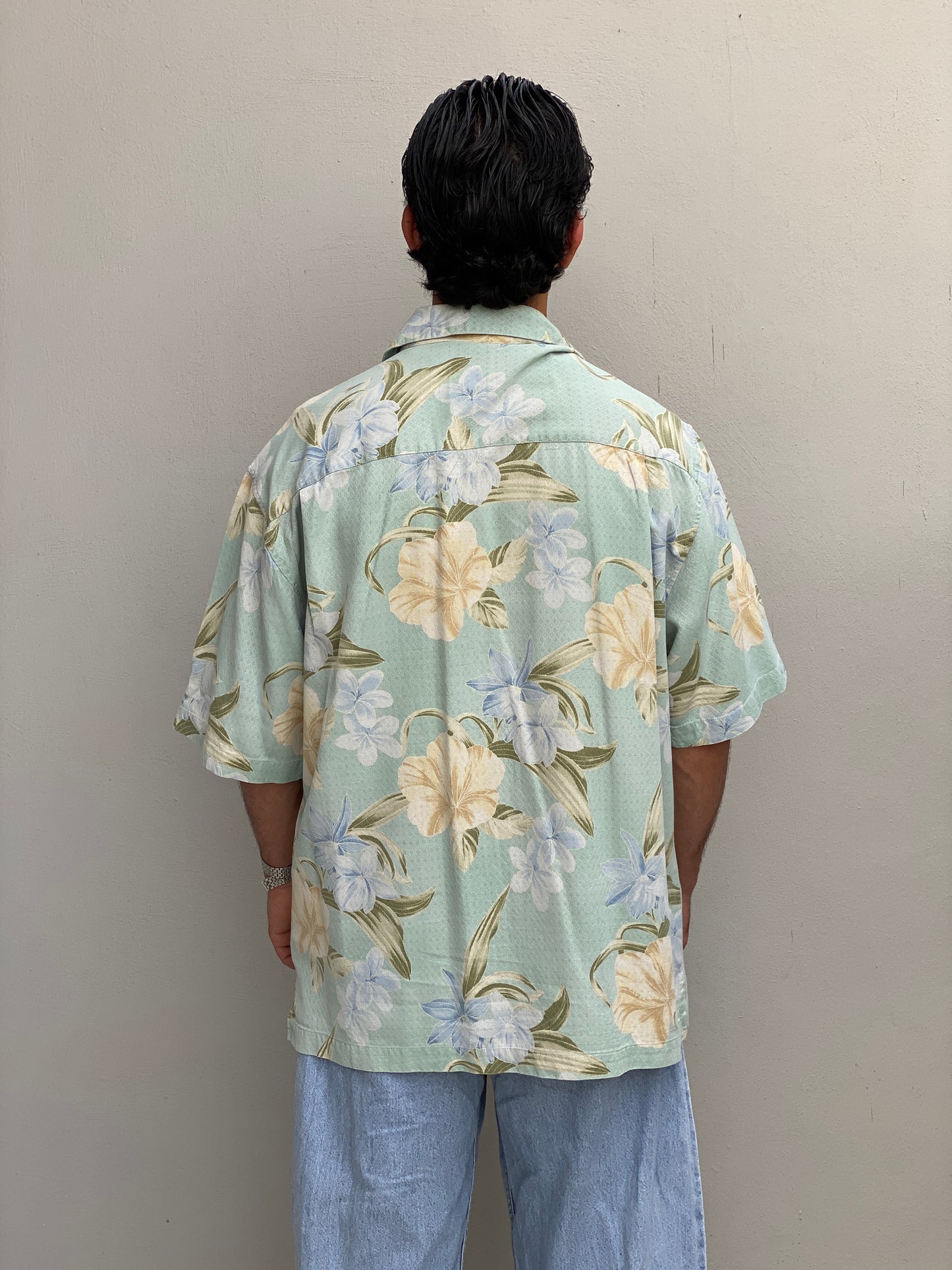 Vintage 90s Jamaica Jaxx Silk Hawaiian Shirt Mint Green Floral Tropical Resort Button Up - L