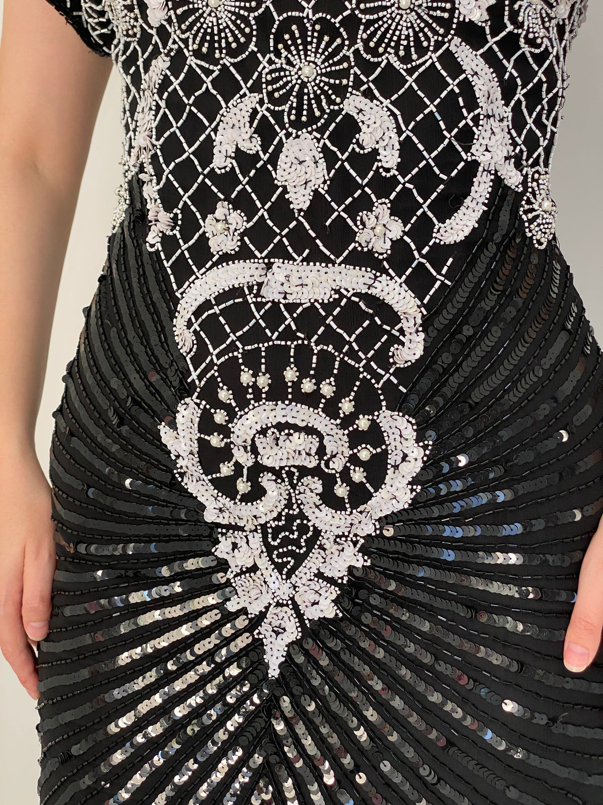Vintage 80s Laurence Kazar Black & White Silk Beaded Sequin Cocktail Dress - M