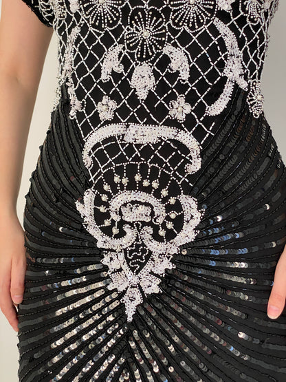 Vintage 80s Laurence Kazar Black & White Silk Beaded Sequin Cocktail Dress - M