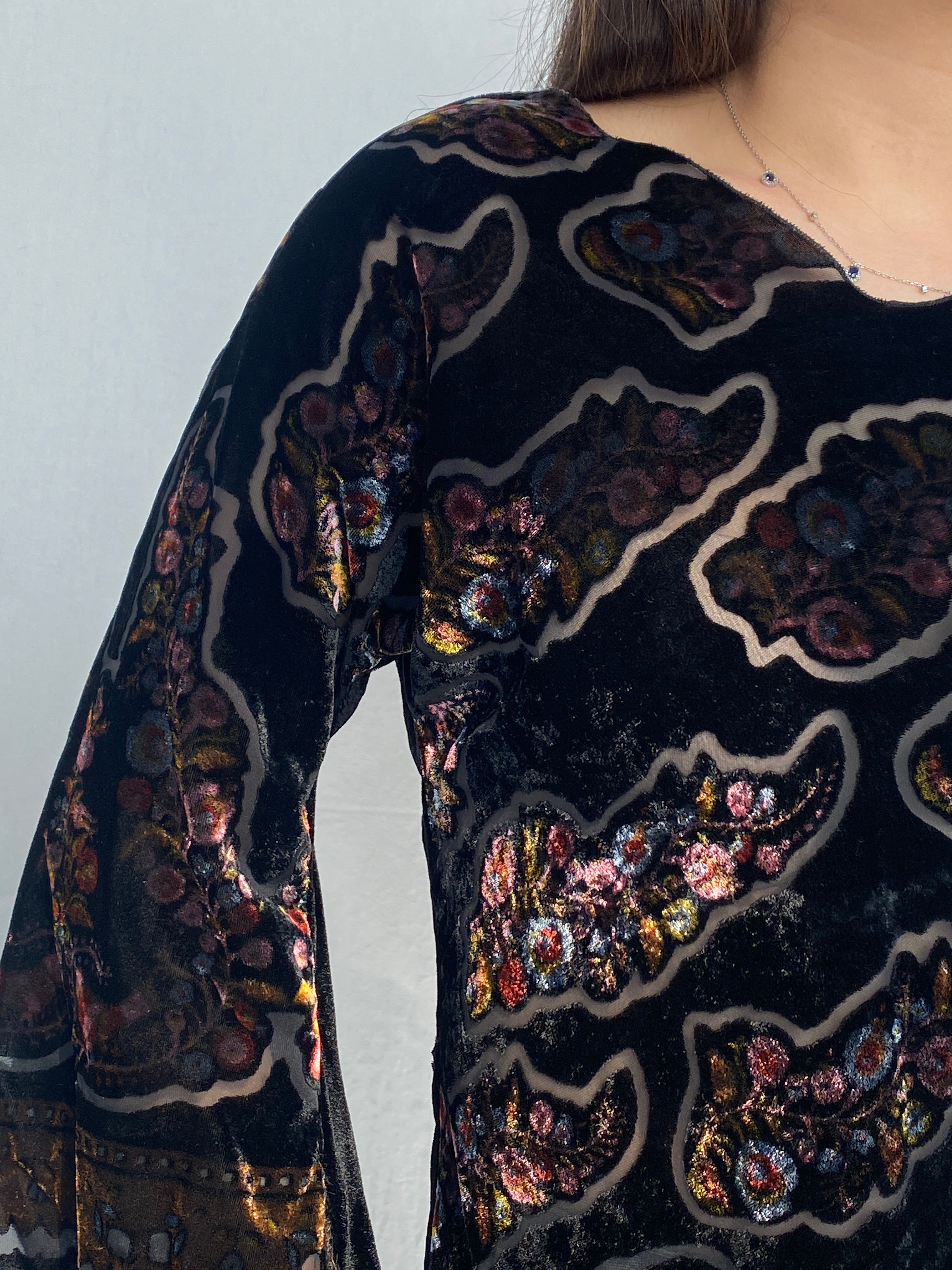 Y2K Velvet Sheer Black Bell Sleeve Top - M