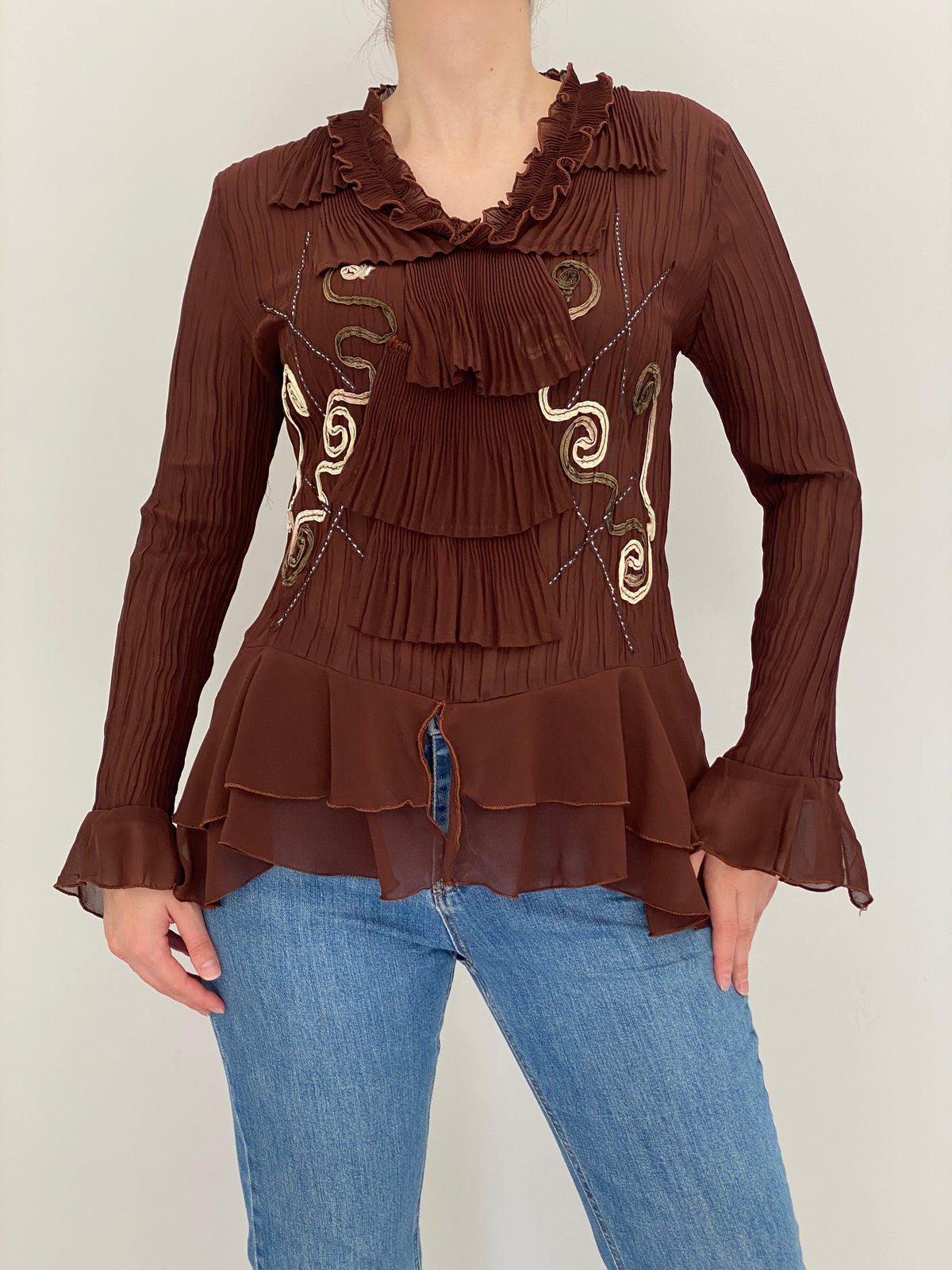 Vintage Whimsy Brown Sheer Pleated Embroidered Ruffle Top – L