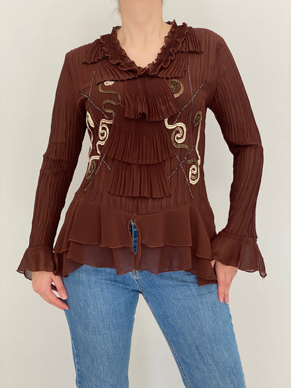 Vintage Whimsy Brown Sheer Pleated Embroidered Ruffle Top – L