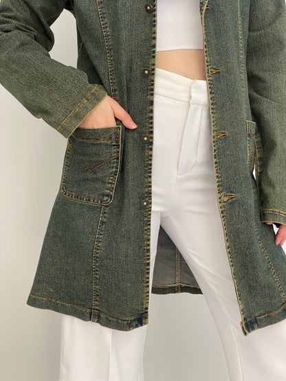 Vintage Y2K C&Y Classic Jeans Olive Blue Cotton Denim Longline Blazer Coat - XL