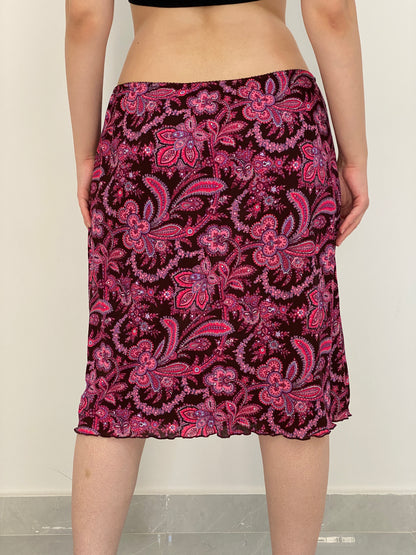Vintage 90s Burgundy Brown & Pink Paisley Print Flowy Midi Skirt – L