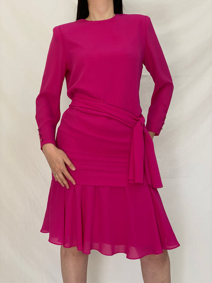 Vintage 80s Henry-Lee Hot Pink Statement Shoulder Mini Dress - S