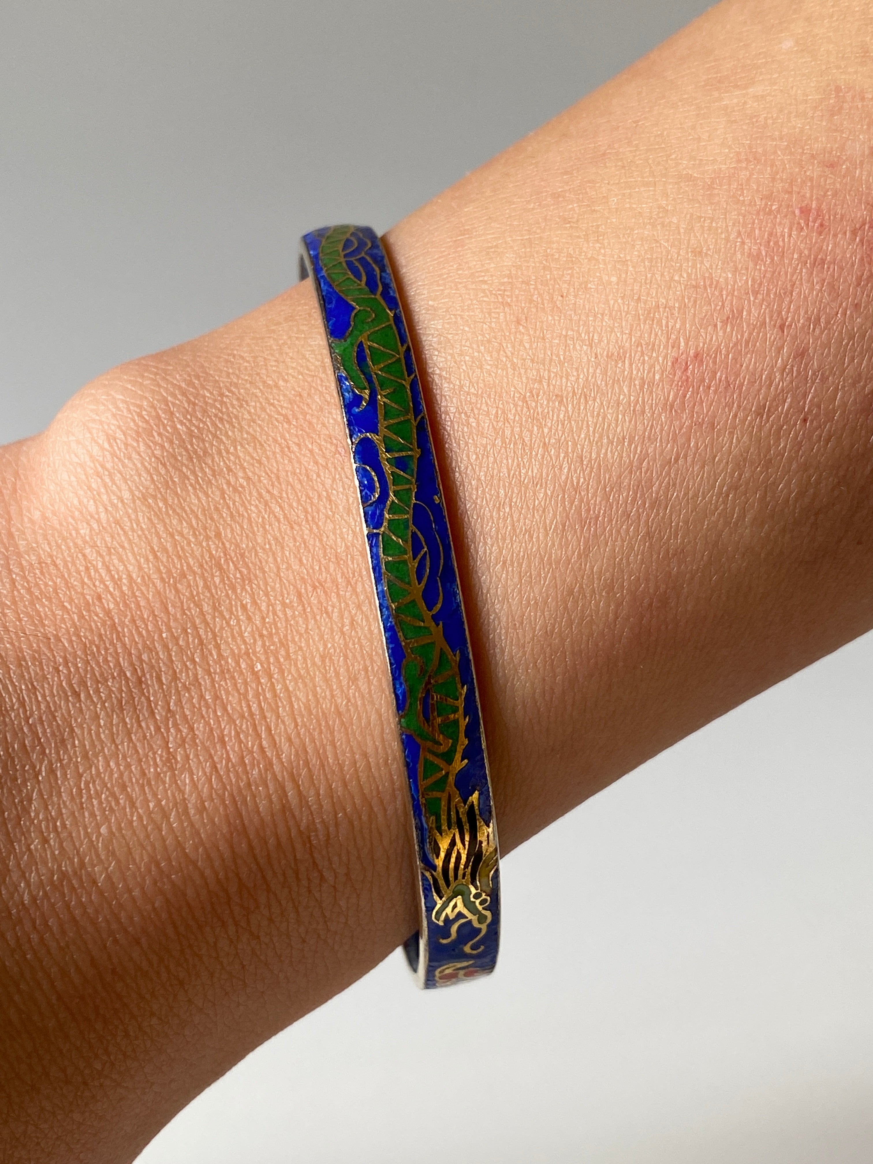 Vintage Blue Cloisonné Enamel Bangle Bracelet Gold Tone Floral Asian Style