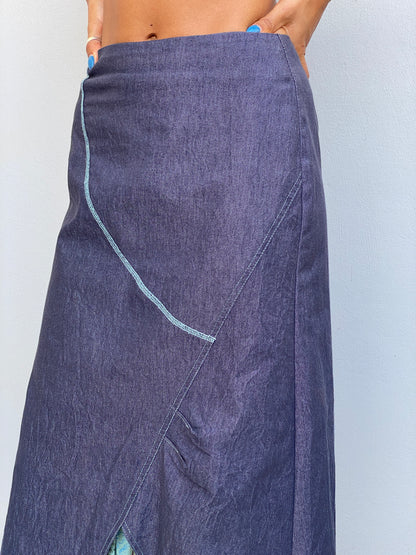 Vintage Y2K Renato Bene Paris Chambray Overlay Floral Midi Skirt Asymmetrical Layered Boho Skirt - S