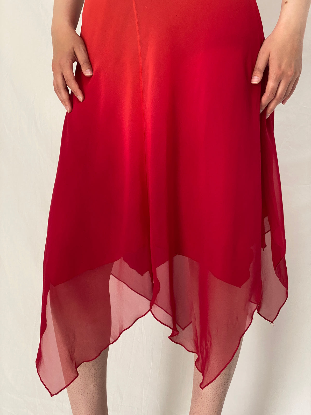 Vintage 90s BAY Red Orange Ombre Chiffon Midi Wedding Guest Dress – M Vintage 90s BAY Red Orange Ombre Chiffon Midi Wedding Guest Dress – M