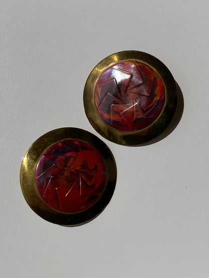 Vintage Burgundy Brass Tone Geometric Pinwheel Enamel Disc Stud Earrings