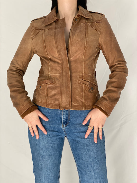 Vintage Y2K Stradivarius Brown Real Leather Moto Fitted Jacket - S