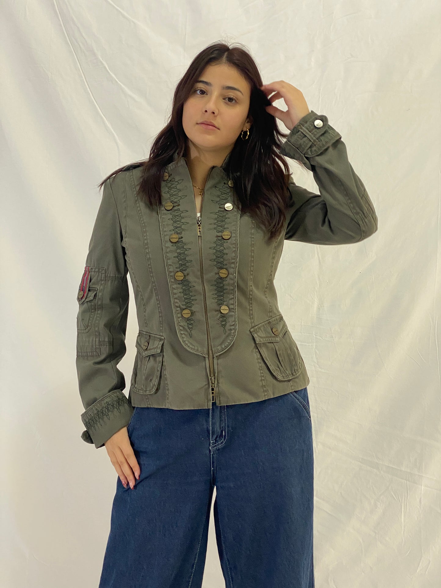 Karen Millen Olive Green Military-Style Embroidered Light Jacket - M