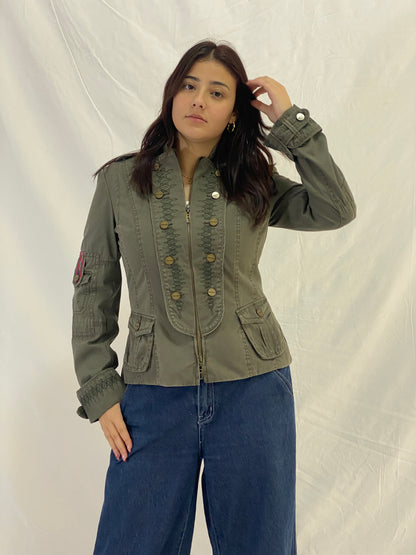 Karen Millen Olive Green Military-Style Embroidered Light Jacket - M