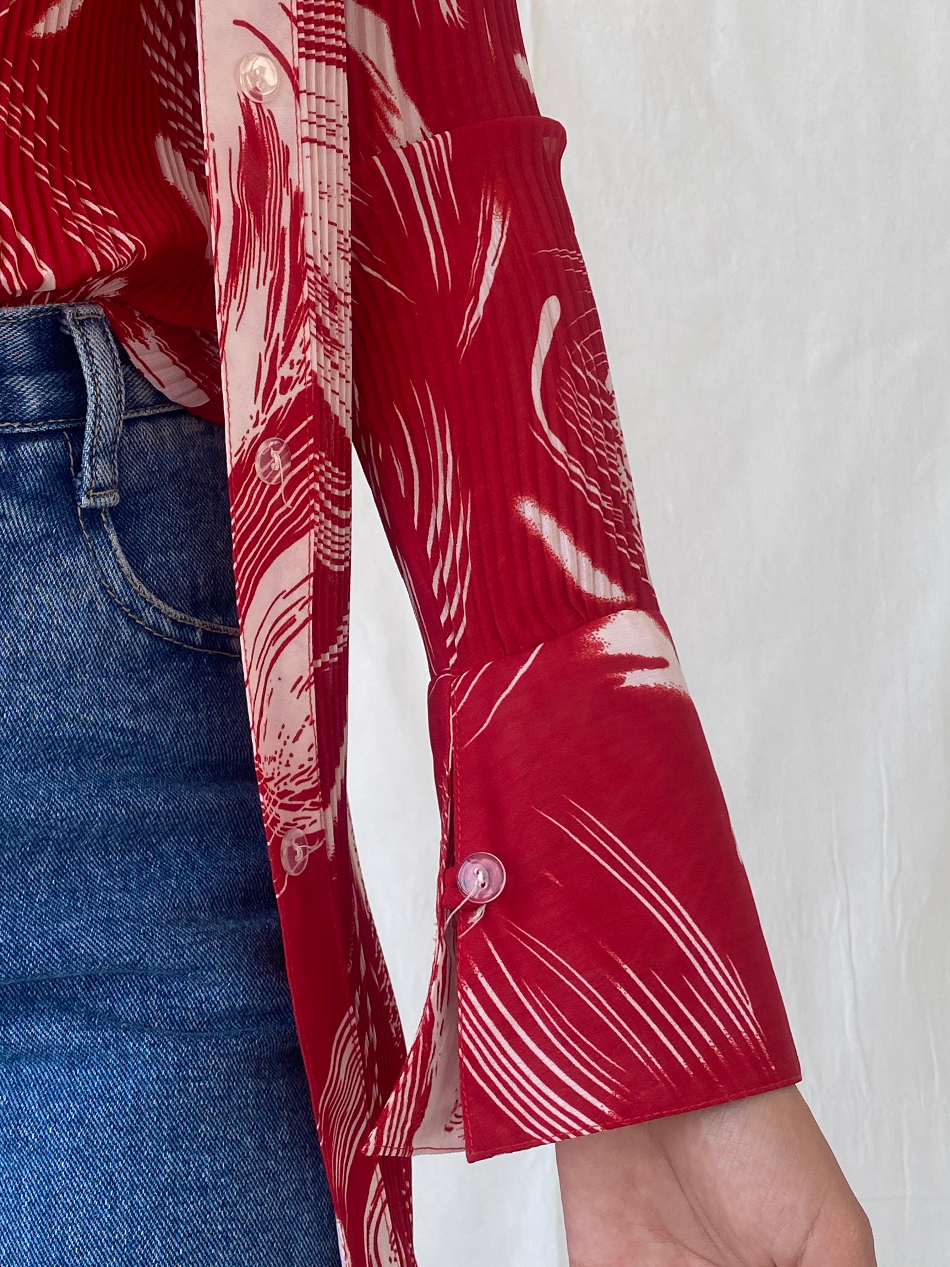 Vintage Jiabin Pleated Red & White Top & Cardigan Women’s Set - M