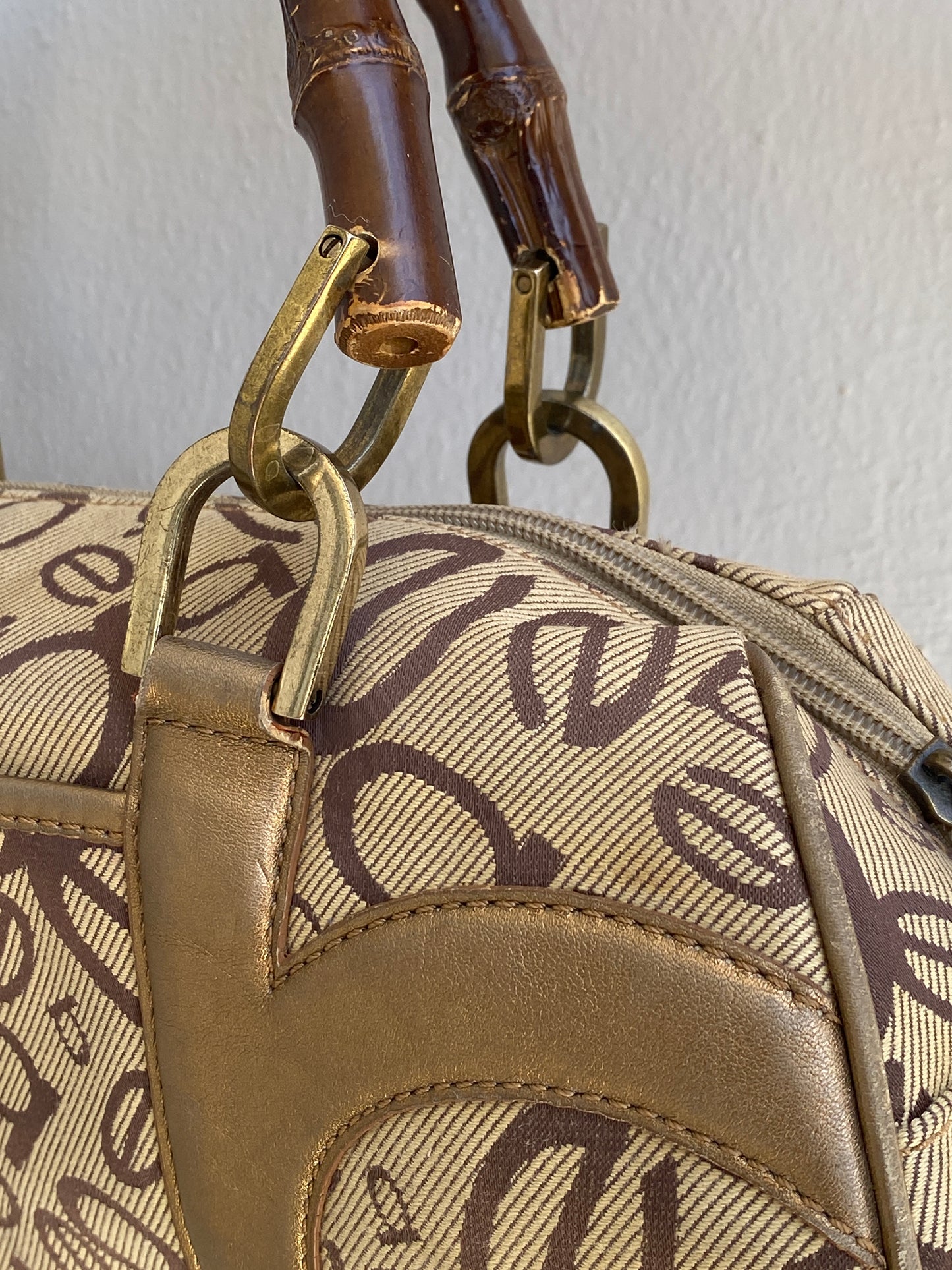 Y2K Bebe Monogram Canvas & Bamboo Handle Bag Beige Brown