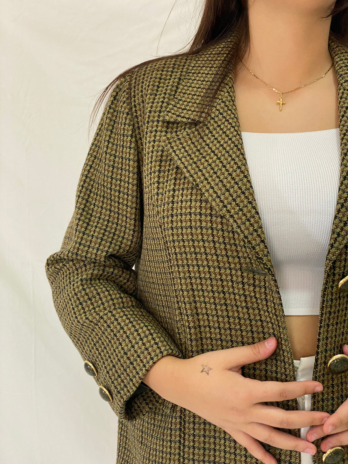 Vintage Alta Costura Olive Green Houndstooth Office Blazer - L Vintage Alta Costura Olive Green Houndstooth Office Blazer - L