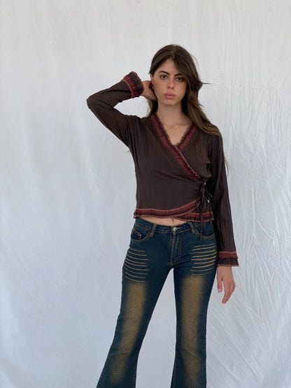 Vintage Femmes Je Vous Aime Brown Wrap Top - M