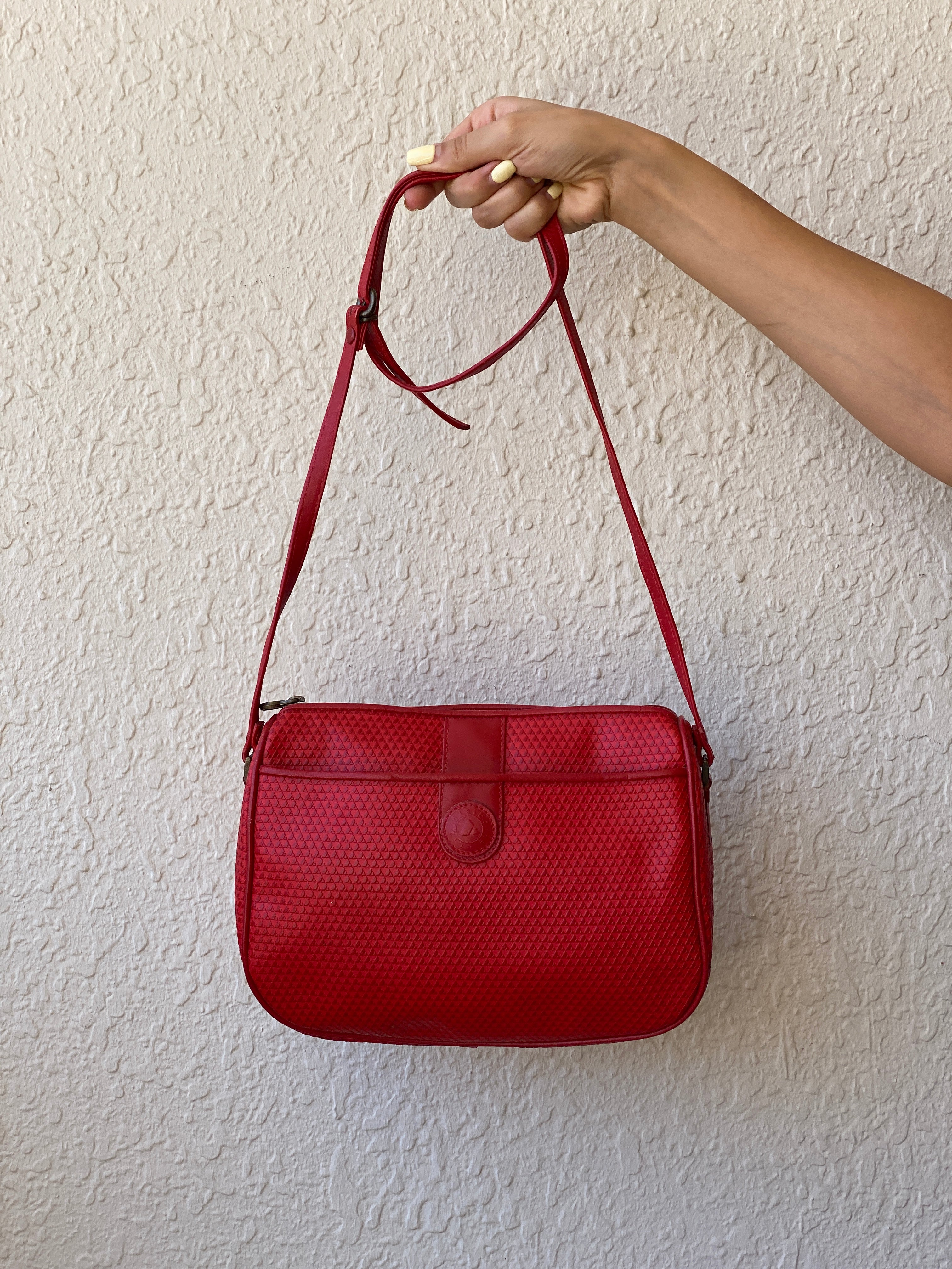 Vintage Liz Claiborne Monogram Red Crossbody Bag with Genuine Leather Trim