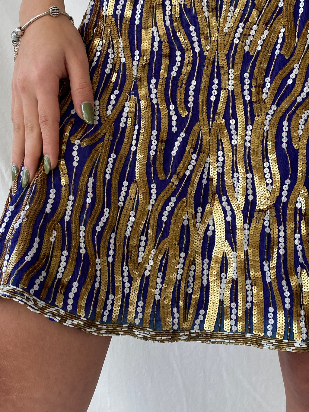 Vintage Razzle Dazzle Pure Silk Blue Gold Sequin Boxy Midi Dress - M