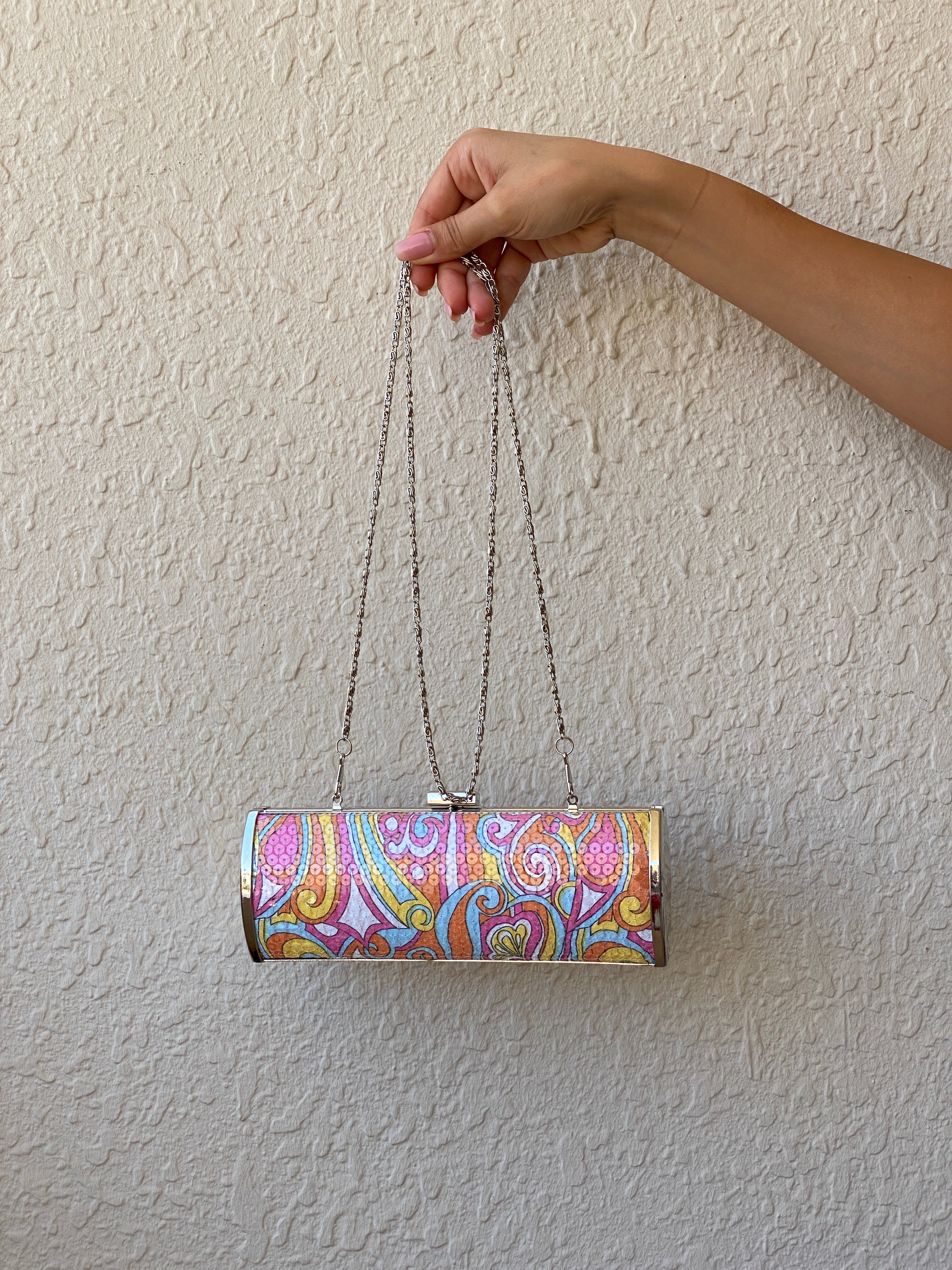 Multicolor Sequined Groovy Silver Hardware Party Clutch