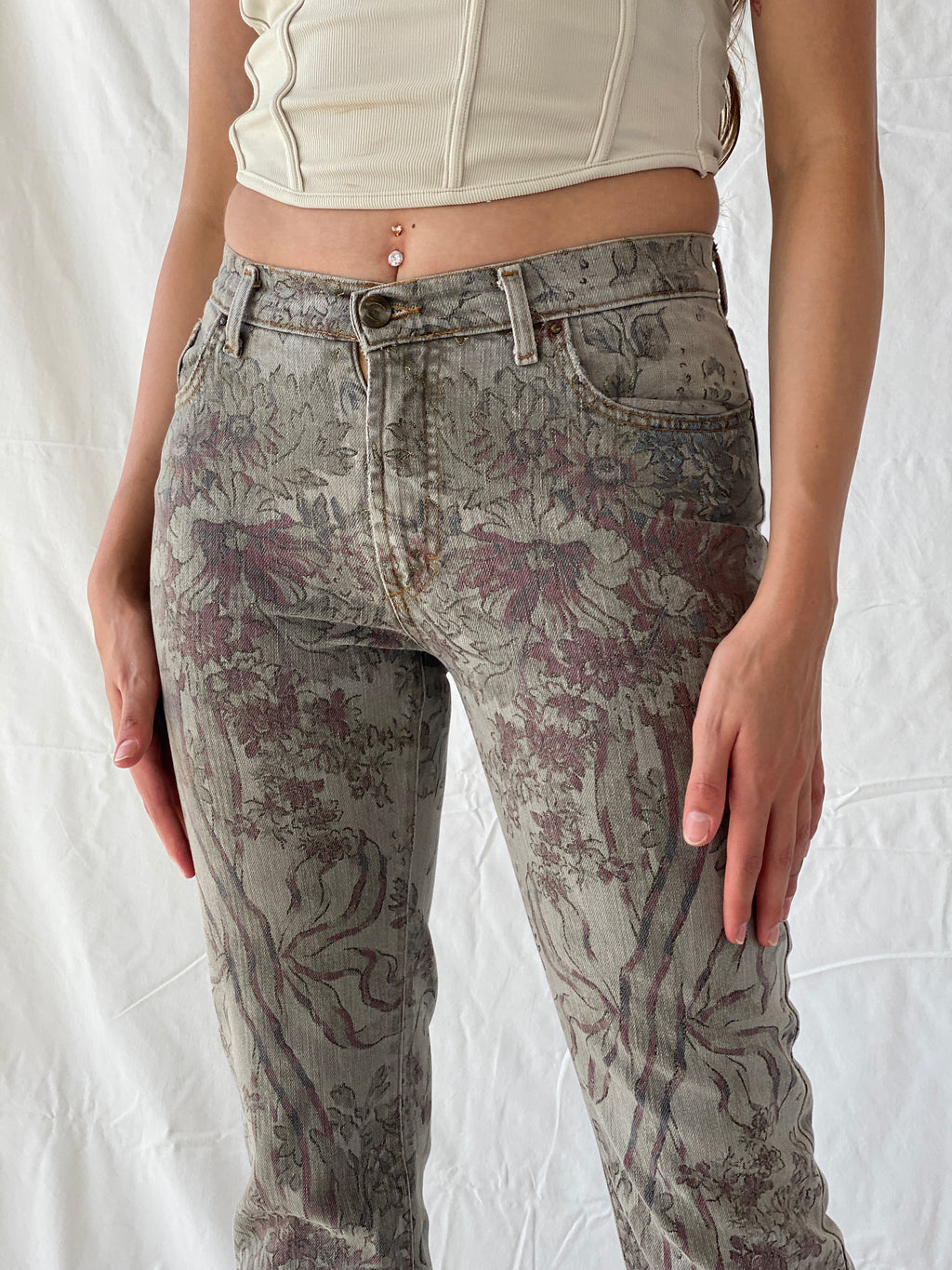 Just Cavalli Grey Floral Printed Denim Glitter Detail Bootcut Jeans