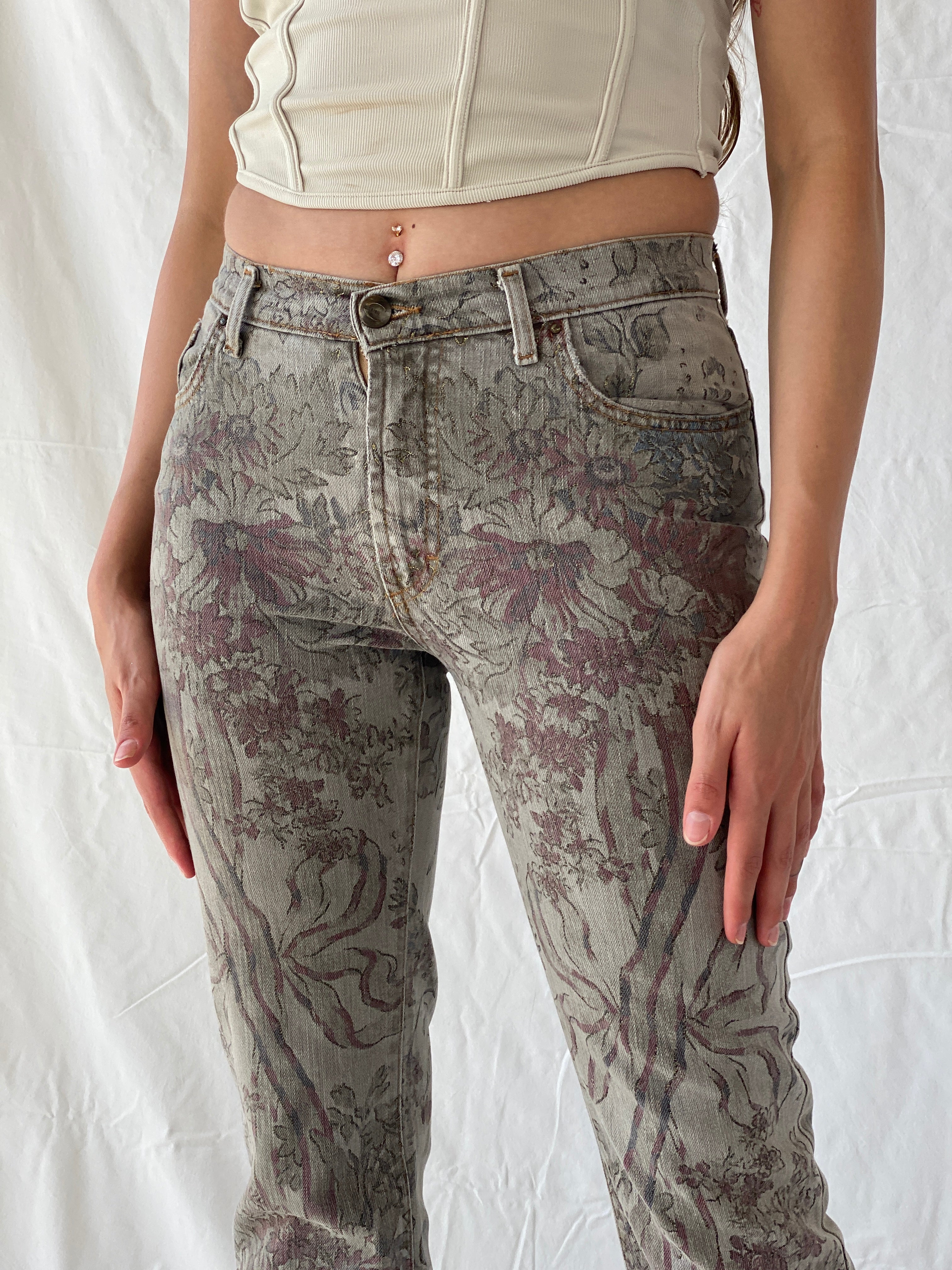 Just Cavalli Grey Floral Printed Denim Glitter Detail Bootcut Jeans