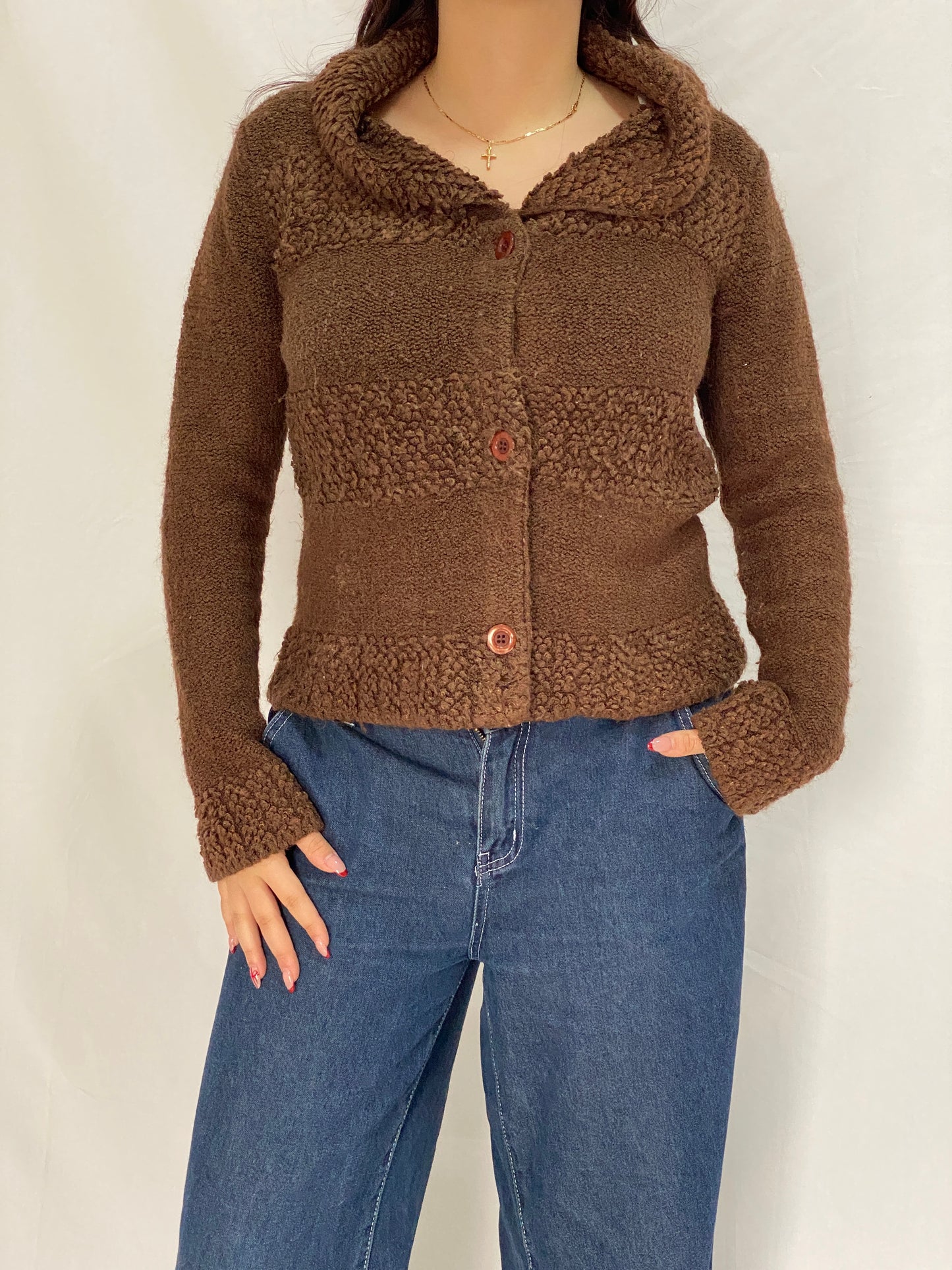 Vintage Brown Teddy Knit Jacket FD Feider Button-Up Cozy Cardigan - M