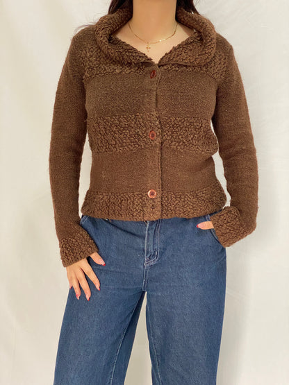 Vintage Brown Teddy Knit Jacket FD Feider Button-Up Cozy Cardigan - M