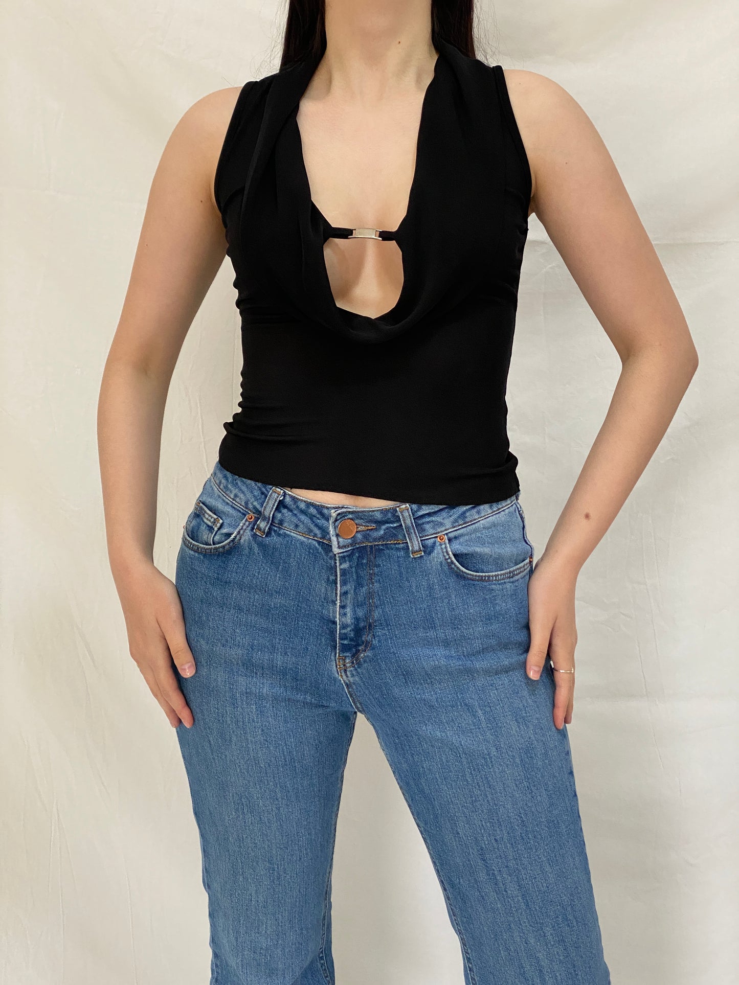Vintage Y2K Black Sheer Cowl Neck Party Sleeveless Minimalist Club wear Top - S