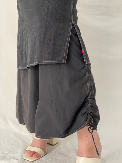 Y2K Fozmul Dark Navy Layered Denim Maxi Ruched Side Utility Aesthetic Skirt – M