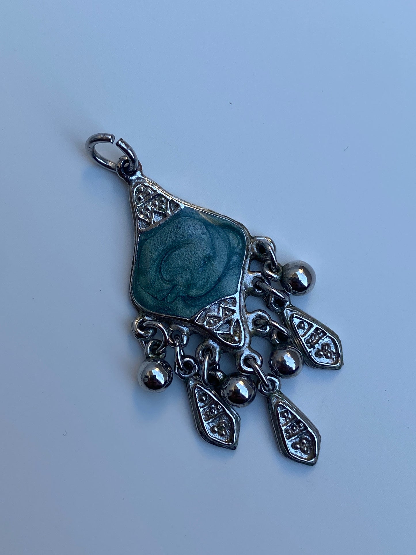 Vintage Silver Tone Green Art Glass Dangle Pendant - Boho Tribal Charm Necklace Pendant