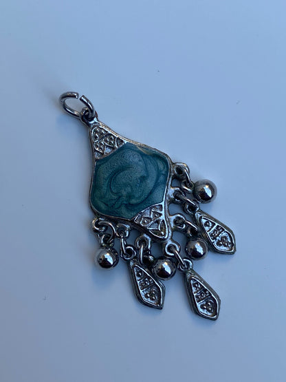 Vintage Silver Tone Green Art Glass Dangle Pendant - Boho Tribal Charm Necklace Pendant