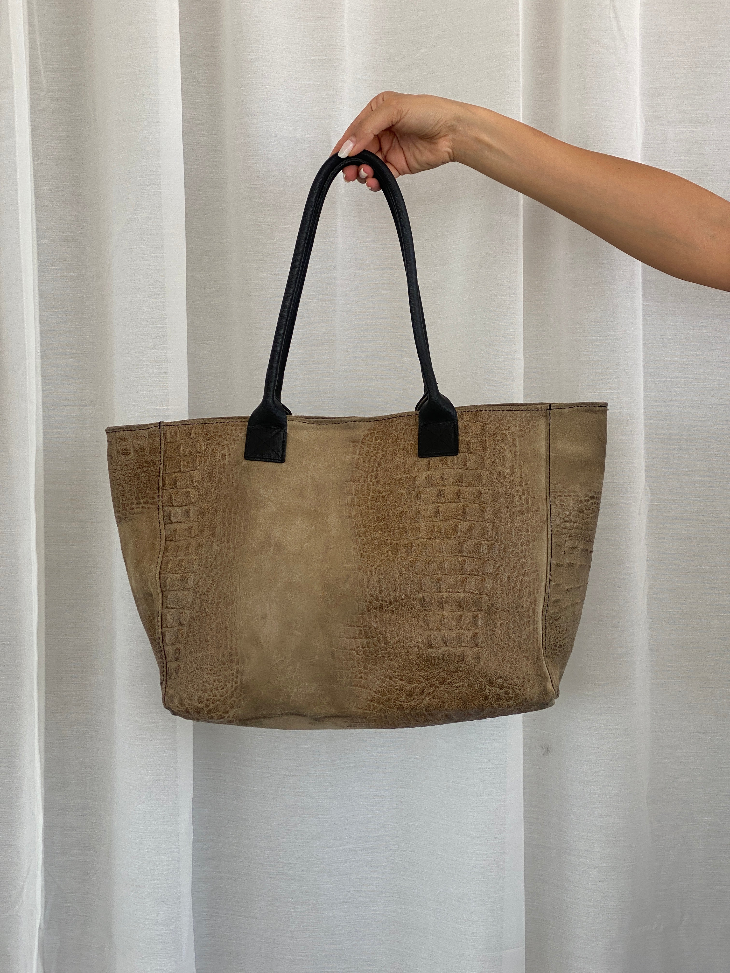 Vintage Genuine Italian Leather Croc Embossed Taupe Satchel Shoulder Bag